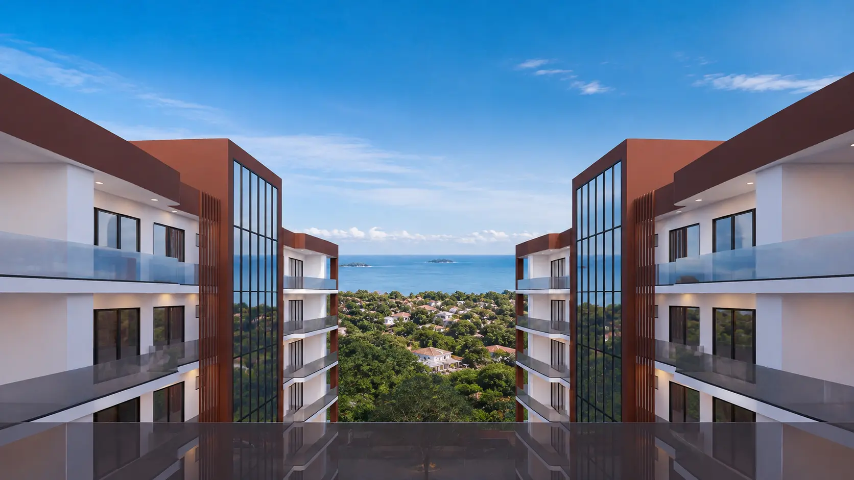 The Grand Malibu — residential towers over a landscaped water garden in Nyali, Mombasa